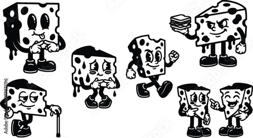 Tattoo flash set of seven anthropomorphic cheese characters with expressive poses smiling walking holding sandwich vintage cartoon style black outline