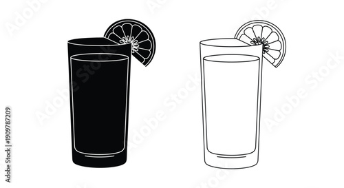 Black and white illustration of two glasses with lemon slices