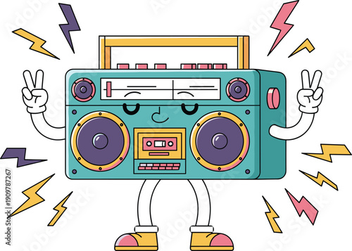 Vector illustration of retro boombox character with peace hands and lightning bolts for vintage 90s hip hop music poster and cool street style design