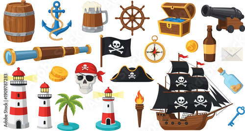 Vector illustration of pirate adventure set with skull ship treasure chest anchor and lighthouse isolated on white for maritime nautical theme and gaming design