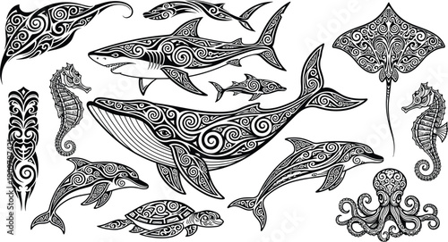 Vector illustration of tribal sea animal set with shark whale dolphin turtle and seahorse silhouettes for Polynesian Maori tattoo and ethnic marine life design