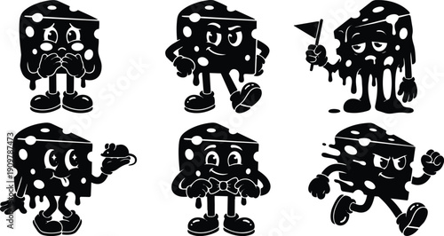 Tattoo flash vintage cheese mascot characters showing six expressive poses walking running offering slice holding flag bow tie shy playful