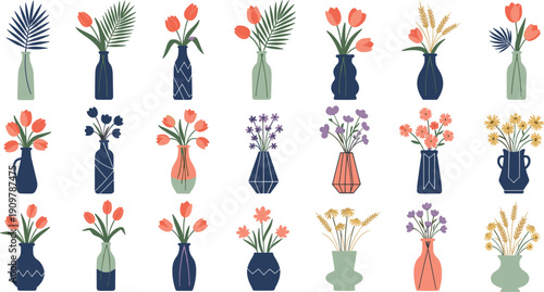 Vector Set of Various Floral Arrangements in Modern Decorative Vases Isolated on White Background for Home Decor Greeting Cards Wedding Invitations Interior Design and Botanical Wall Art
