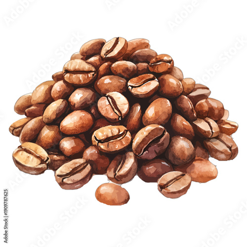 Pile of Roasted Coffee Beans Watercolor Illustration Isolated on White