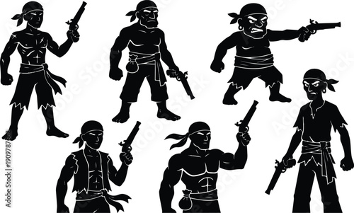 Silhouette vector flat design of six pirate characters holding flintlock pistols in varied poses high contrast dramatic black white