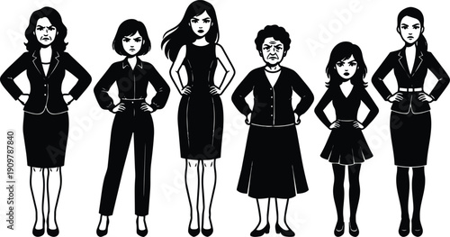 Flat design frontal row of women of different ages standing hands on hips facing forward bold high contrast silhouette stern