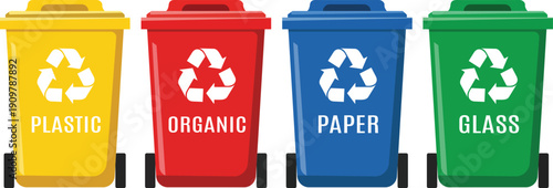 Waste sorting recycle bins in yellow red blue and green colors for plastic organic paper glass