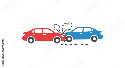 Illustration depicting a head on collision between a red and blue passenger vehicle