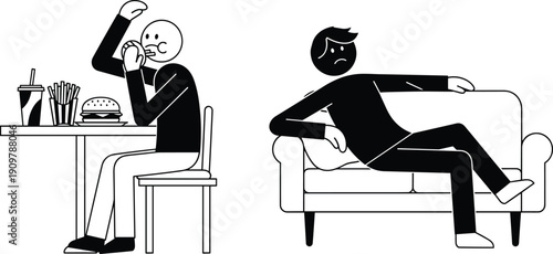 Black Stickman Figure Collection Featuring People Eating Fast Food Relaxing On Sofa Drinking Alcohol Climbing Ladders And Expressing Various Human Emotions