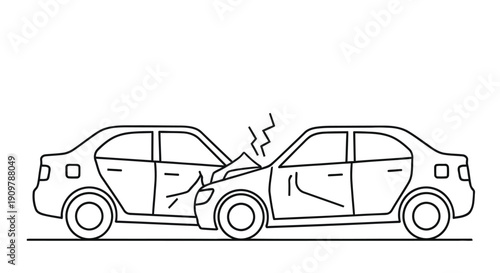 Line drawing depicts a head on collision between two passenger vehicles
