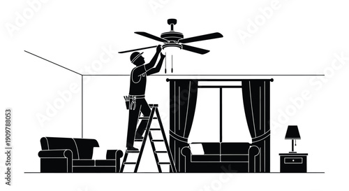 A man installs a ceiling fan in a minimally decorated bedroom