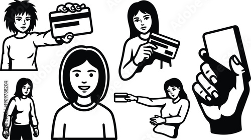 Flat vector black and white icon set of women holding credit cards and mobile phone poses frontal and side views