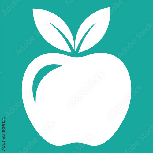 White apple with two leaves on a teal square background fruit symbol