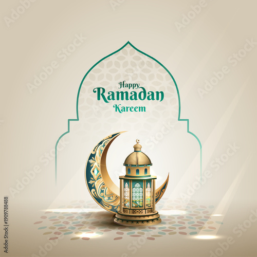islamic greetings ramadan kareem card design with beautiful lantern and crescent