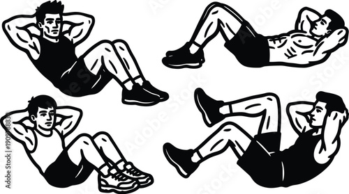 Line art fitness vector set four male sit up variations close up athletic figures performing crunch exercises flat black style