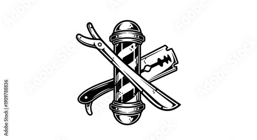 Vintage Barber Pole with Straight Razor and Scissors.