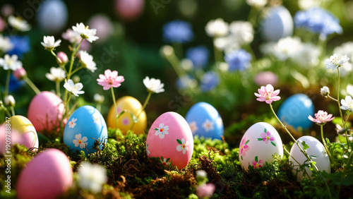 Colorful Easter eggs nestled amongst moss and wildflowers. They sparkle in the sunlight.