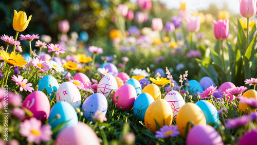 Colorful Easter eggs nest among vibrant tulips and wildflowers in a sunlit meadow.