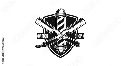 Vintage Barbershop Emblem with Pole and Straight Razors.