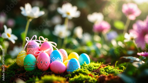 Colorful Easter eggs nestled amongst moss and wildflowers in a sunlit garden.