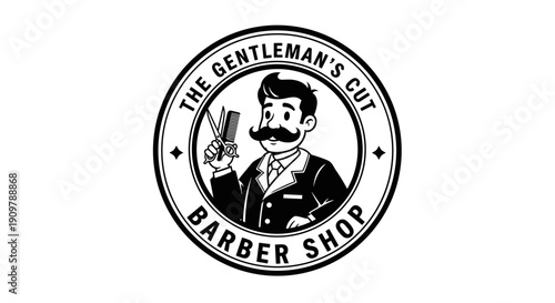 Vintage Barber Shop Logo with Gentleman Holding Scissors and Comb.