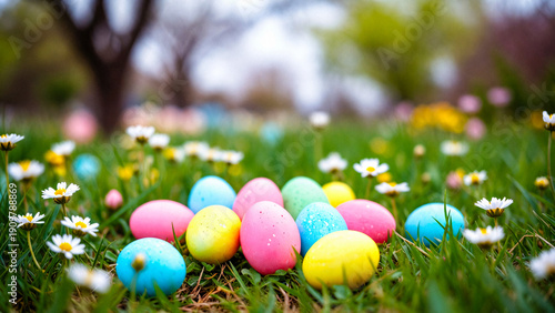 Children hunt colorful Easter eggs amidst blooming wildflowers and green grass.