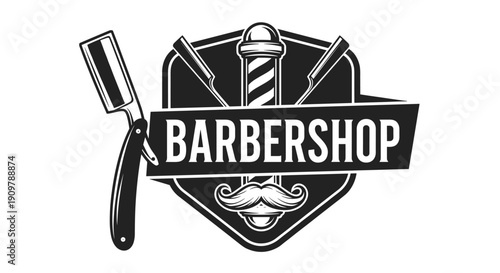 Vintage Barbershop Emblem with Straight Razor and Barber Pole.