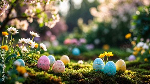 Easter eggs nestled among moss and wildflowers in a sun-drenched garden. Colorful eggs add vibrancy.