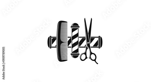 Barber shop tools comb pole and scissors black and white illustration.