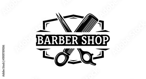 Barber Shop Logo with Scissors and Comb for Hairdressing Business.