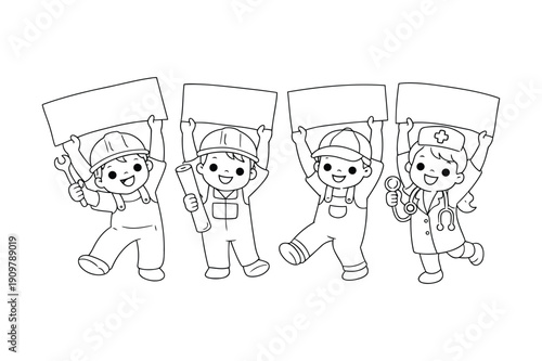 Cartoon children holding signs, illustration, ChatGPT Image reference, four kids, protest scene