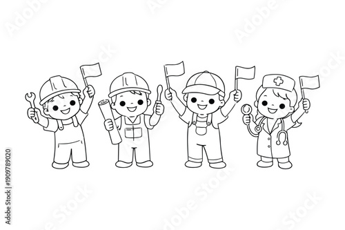 Four cartoon characters in hard hats holding flags and tools stand together, teamwork and construction theme illustrated in simple line art