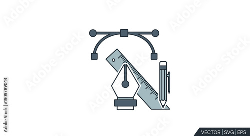 Pencil Ruler Protractor and Quill Illustration.