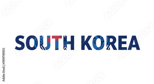 South Korea Flag Typography: A patriotic emblem featuring the name South Korea in a stylish font, subtly incorporating elements of the national flag, representing the country's heritage and identity.