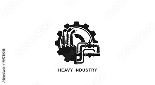 Heavy Industry Icon with Factory and Gear Symbol.