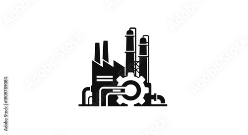 Industrial factory building with gear icon representing manufacturing and production.
