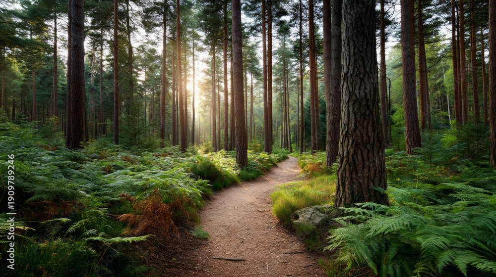 Obraz premium Beautiful forest background for screensaver. with sunbeams. Calm close-up of fairytale forest and nature landscape, panorama. Summer vacation, holiday, amazing nature.