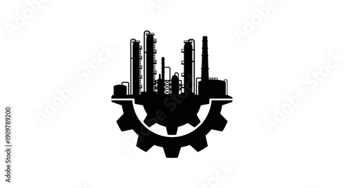Industrial factory silhouette with gear symbol representing manufacturing and production.