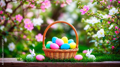 A wicker basket overflows with colorful Easter eggs amidst blooming flowers and a white rabbit. Spring scene.