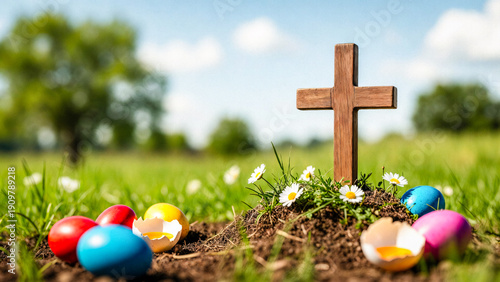 A wooden cross stands in a grassy field with colorful Easter eggs scattered nearby. It’s a serene, pastoral scene.
