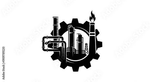 Industrial factory with pipes and smoke stacks inside a gear.