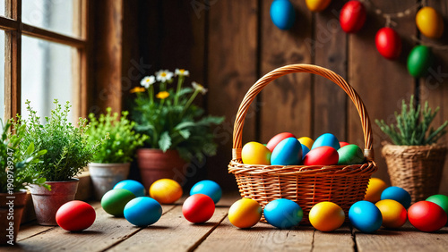A wicker basket overflows with colorful Easter eggs. String lights and flowers decorate a rustic wooden setting.
