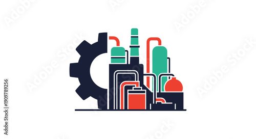 Industrial factory with gear icon representing manufacturing and production.
