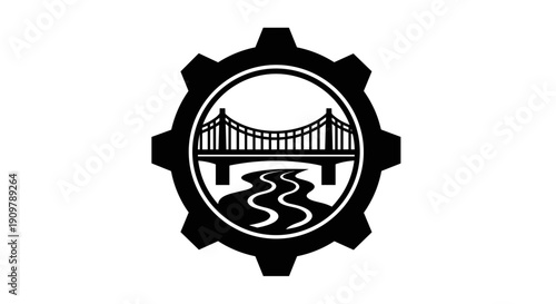 Industrial Gear with Bridge and River Icon.