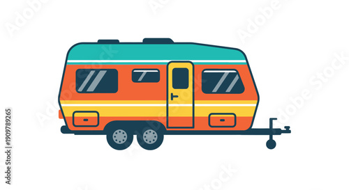 A brightly colored vintage camper trailer illustration on a white background