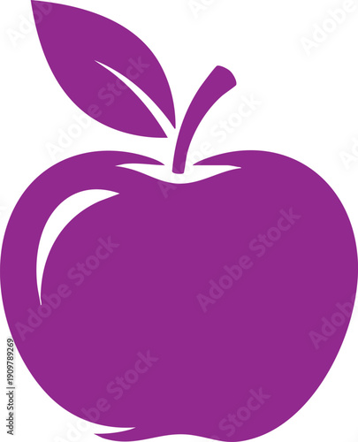Simple purple apple with a single leaf and stem on a white background fruit symbol