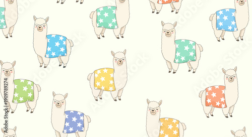 Cute Alpaca Pattern - Adorable Llama Characters with Star Blankets