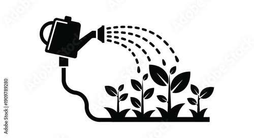 A black and white icon depicting watering plants with a watering can