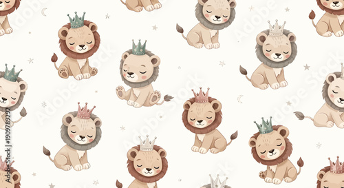 Cute Baby Lions Wearing Crowns Seamless Pattern - Adorable Royalty Nursery Art