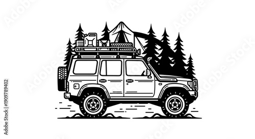Off-road vehicle with camping gear in a forest setting.